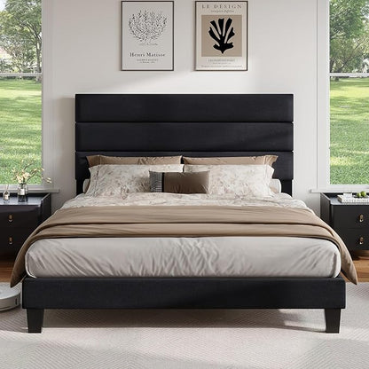 AMERLIFE Full Size Bed Frame with Linen Upholstered Headboard, Modern Platform Bed with Wooden Slats Support, Noise-Free, No Box Spring Needed, Easy Assembly, Black