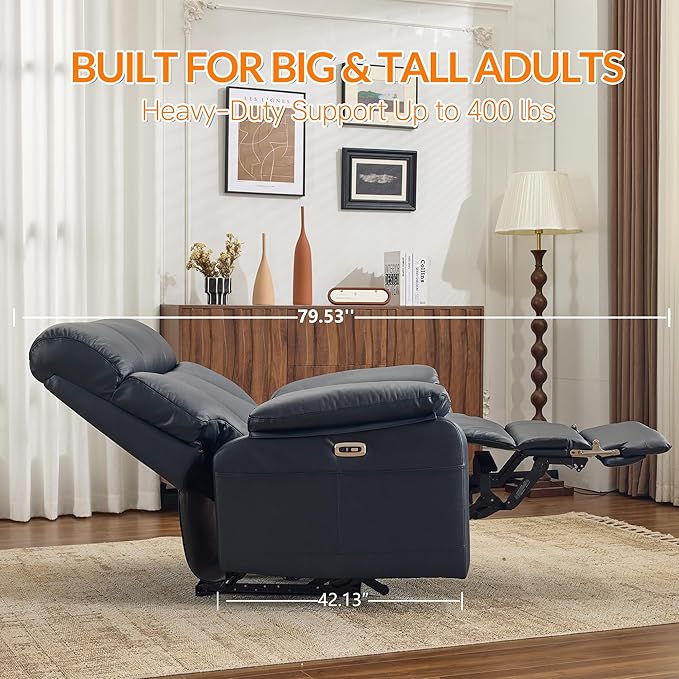 AEDI 450lbs Genuine Leather Power Recliner Chair for Big and Tall Adults Oversized Electric Reclining Sofa for Living Room,Extra Wide 27" Seat,USB Charging(Top Grain Leather,Dark Blue)