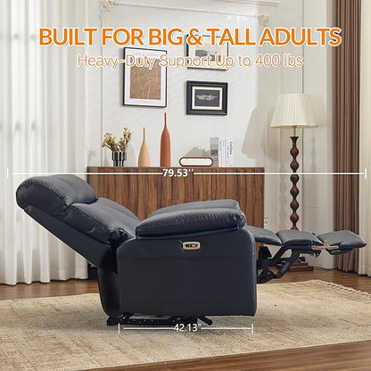 AEDI 450lbs Genuine Leather Power Recliner Chair for Big and Tall Adults Oversized Electric Reclining Sofa for Living Room,Extra Wide 27" Seat,USB Charging(Top Grain Leather,Dark Blue)
