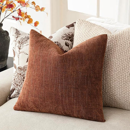 Foindtower Pack of 2 Soft Textured Chenille Throw Decorative Pillow Covers Square Accent Solid Cushion Cover Cozy Neutral Farmhouse Pillow Case for Couch Sofa Bedroom Living Room 22x22 Inch,Red Taupe