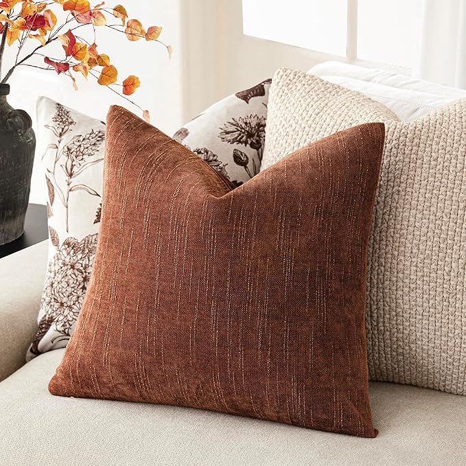 Foindtower Pack of 2 Soft Textured Chenille Throw Decorative Pillow Covers Square Accent Solid Cushion Cover Cozy Neutral Farmhouse Pillow Case for Couch Sofa Bedroom Living Room 18x18 Inch,Red Taupe