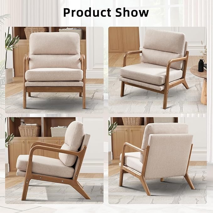 Mid Century Modern Accent Chair, Linen Fabric Upholstered Lounge Armchair with Solid Wood Frame and Soft Cushion for Living Room, Bedroom (1, Linen Beige)