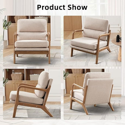 Mid Century Modern Accent Chair, Linen Fabric Upholstered Lounge Armchair with Solid Wood Frame and Soft Cushion for Living Room, Bedroom (1, Linen Beige)