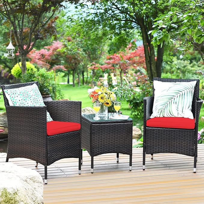 COSTWAY 3 PCS Patio Furniture Set, Outdoor Wicker Conversation Set with Tempered Glass Coffee Table, Seat Cushions, Rattan Wicker Chairs for Poolside Balcony Porch Backyard, Red