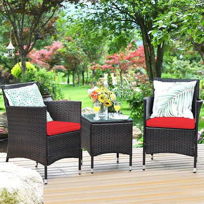 COSTWAY 3 PCS Patio Furniture Set, Outdoor Wicker Conversation Set with Tempered Glass Coffee Table, Seat Cushions, Rattan Wicker Chairs for Poolside Balcony Porch Backyard, Red