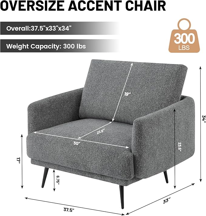 Oversized Accent Chair for Living Room Chairs Reading Arm Chair Comfy Modern Single Sofa Side Chairs with Metal Legs & Soft Cushion for Bedroom, Waiting Room (Chenille Dark Grey, Set of 2)