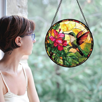 Stained Glass Suncatcher, Hummingbird Red Flowers Green Leaves Sun Catcher Stain Glass Window Hanging Decoration Mother's Day Birthday Gifts for Bird Lover Women Men Mom Nana 7.8 in