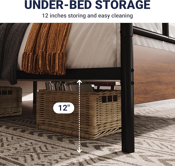 Allewie Queen Size Platform Bed Frame with Wooden Headboard and Footboard, Heavy Duty 13 Metal Slats Support, Under-Bed Storage, No Box Spring Needed, Noise Free, Easy Assembly, Walnut
