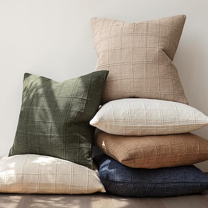 Foindtower Set of 2 Decorative Linen Check Throw Pillow Covers Neutral Farmhouse Vintage Cushion Covers Modern Coastal Boho Home Decor for Sofa Chair Couch Bedroom Living Room,16×16 Inch,Camel