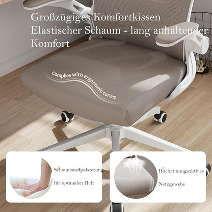 Monhey Office Chair Ergonomic Desk Chair with Lumbar Support&Headrest&Flip-up Arms Height Adjustable Rocking Swivel High Back Computer Chair Warm Taupe Mesh Study Chair (White+Khaki-2)