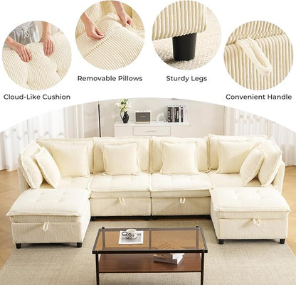 133" Modular Sectional Sofa, L-Shaped Corduroy Comfy Sectional Couches for Living Room, 3-Seater Cloud Couches with 1 Ottoman, Modern Deep Seat Sofa with Large Storage, Corduroy Beige