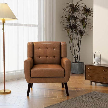 Accent Chair, Mid-Century Modern PU Leather Chairs with Arms for Living Room, Comfy Upholstered Club Single Sofa Armchair for Bedroom Waiting Room with Solid Wood Frame（Leather Brown, Set of 2)