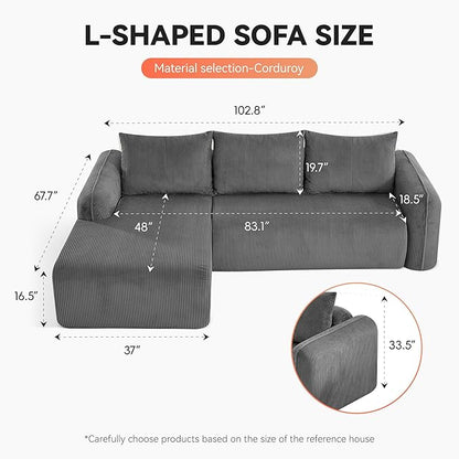 103'' Boneless Corduroy L Shaped Couch, 3 Seat Modular Sectional Deep Seat Sofa with Chaise Lounge, No Assembly Cloud Lounge Sleeper Sofa, Grey