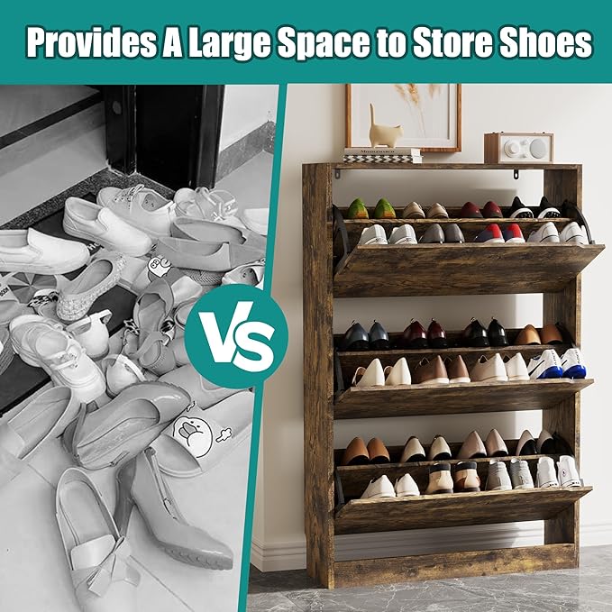 Shoe Storage Cabinet for Entryway with 3 Flip Drawers, Sturdy Wood Hidden Shoe Storage, Freestanding Narrow Slim Shoe Organizer for Front Door Entrance, Living Room, Hallway, Bedroom, Brown