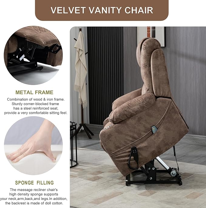 Large Power Lift Recliner Chair Sofa with Massage and Heat for Big and Tall Elderly,Infinite Positions,Dual Motor,Cup Holders,Extended Footrest,Velvet Home Theater Seat