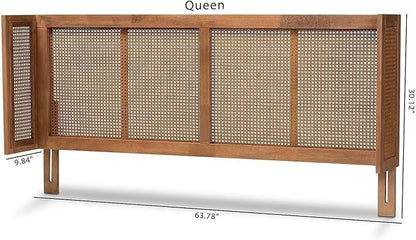 Eclectic Escape Mid-Century Modern Ash Wanut Finished Wood and Synthetic Rattan Wrap-Around Headboard Queen