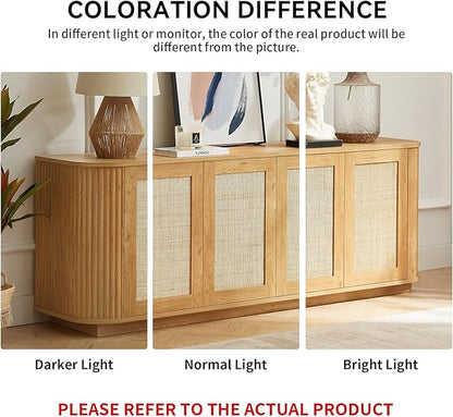 LKTART 64" Sideboard Buffet Cabinet with Storage, Wooden Fluted Storage Cabinet Sideboard with Adjustable Shelves Pressed Spring Rattan Doors for Kitchen Living Room (Natural)