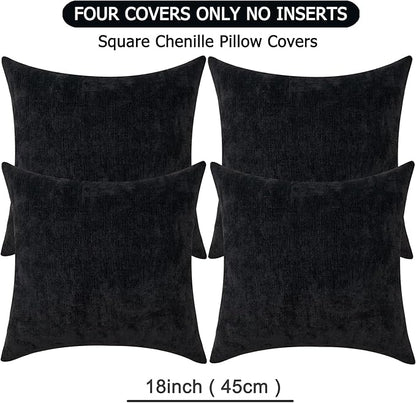 GAWAMAY Decorative Square Throw Pillow Covers 18"x18" Inch Set of 4, Super Soft Chenille Pillows Farmhouse Fall Pillowcase for Living Room Bedroom Sofa Couch Cushion Cover Black 45x45cm (No Insert)