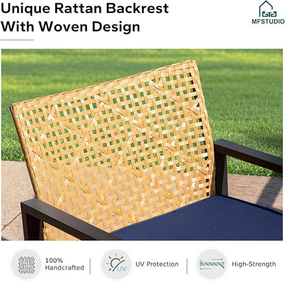 MFSTUDIO 4 Pieces Outdoor Patio Furniture Set, Small Outdoor Rattan Couch with Wood Table, Loveseat & Chairs, Loveseat Patio Sectional Furniture Set, Blue