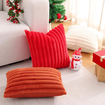 Pallene Faux Fur Plush Christmas Throw Pillow Covers 16x16 Set of 2, Luxury Soft Fluffy Striped Decorative Pillow Covers for Sofa, Couch, Living Room, Red