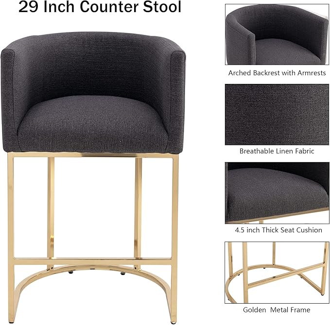 Contemporary Charcoal Linen Bar Stool, 29" Upholstered Fabric Counter Height Barstool Kitchen Counter Island Stool with Golden Metal Base