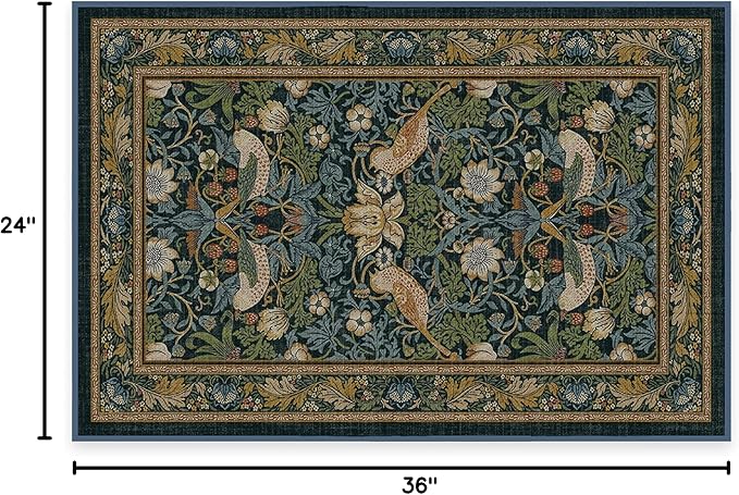 RUGGABLE x Morris & Co Washable Area Rug– Strawberry Thief Indigo 2x3, Stain-Resistant, Non-Slip – Small Machine Washable Rugs for Living Room, Bedroom, Hallway, Entryway & Bathroom–with Standard Pad