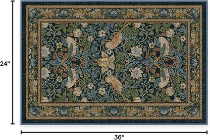 RUGGABLE x Morris & Co Washable Area Rug– Strawberry Thief Indigo 2x3, Stain-Resistant, Non-Slip – Small Machine Washable Rugs for Living Room, Bedroom, Hallway, Entryway & Bathroom–with Standard Pad