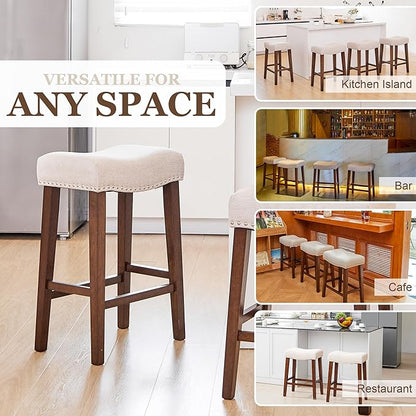 PrimeZone Counter Height Bar Stools Set of 8 - Backless Saddle Barstools with 4.3" Thick Upholstered, Nailhead Trim Linen Fabric & Solid Wood Legs, 26 Inch Counter Stools for Kitchen Island, Beige