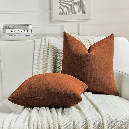 FUTEI Rust Chenille Decorative Throw Pillow Covers 20x20 Inch Set of 2,Soft Cozy Faux Linen Textured Cushion Case,Farmhouse Home Decor for Couch Living Room