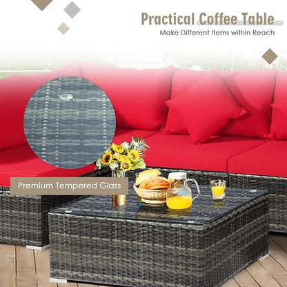Tangkula 7 Pieces Patio Rattan Furniture Set, Patiojoy Outdoor Conversation Set with Cushions and Tempered Glass Coffee Table, All-Weather Sectional Sofa Set for Garden, Lawn, Backyard (Red)