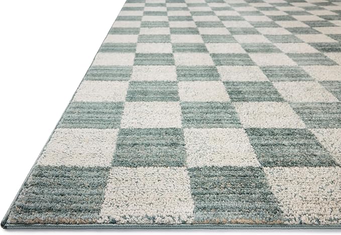 Loloi Chris Loves Julia Calvin Collection CLV-01 Blue/Ivory 6'-3" x 9'-6" Area Rug Checkered Neutral Soft Living Room Bedroom Carpet