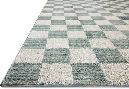 Loloi Chris Loves Julia Calvin Collection CLV-01 Blue/Ivory 3'-6" x 5'-6" Accent Rug Checkered Neutral Soft Living Room Bedroom Carpet