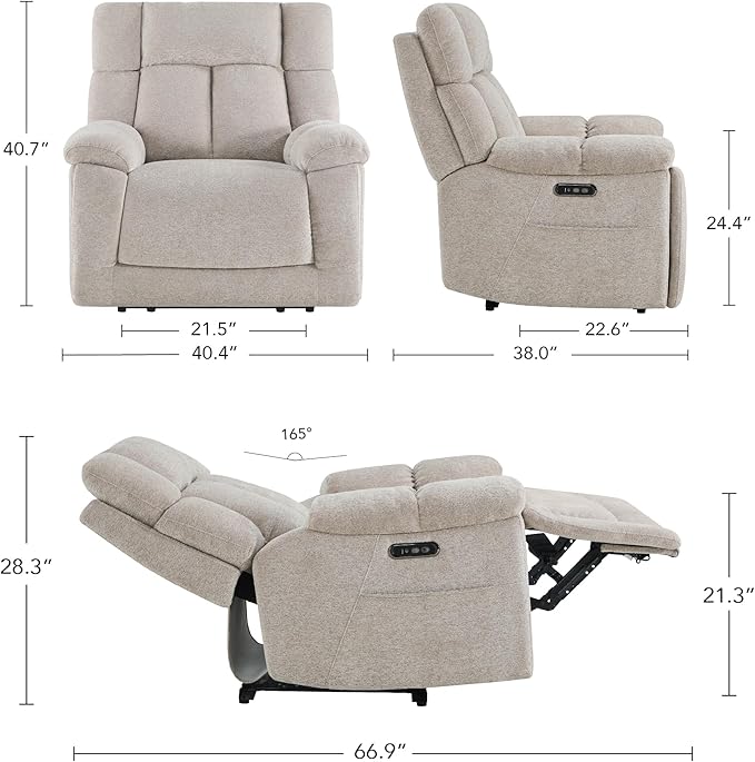 CHITA Oversized Power Recliner Chair with Bluetooth Speakers for Adults, Lay Flat Recliner with Power Lumbar Support, Manual Winged Headrest and USB & Type-C Charging Ports, Taupe