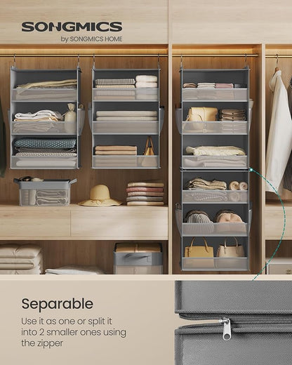 SONGMICS Set of 2 Hanging Closet Organizers, 6-Tier Fabric Storage Shelf, Separable Closet Hanging Shelf with Side Pockets, Foldable, Metal Hooks and Bamboo Inserts, Dove Gray URCH008G01