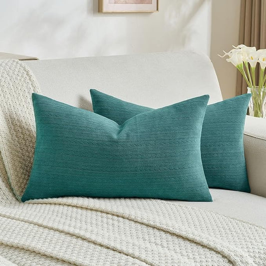FUTEI Teal Decorative Throw Pillow Covers 12x20 Inch Set of 2,Soft Cozy Wheat Ear Striped Patterns Lumbar Pillow Cases,Modern Home Decor for Couch Bed Living Room