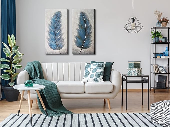 Wieco Art Blue Feathers Abstract Paintings Wall Art on Canvas Mordern Canvas Wall Art for Living Room Bedroom Wall Decor Contemporary Artwork for Home Decorations