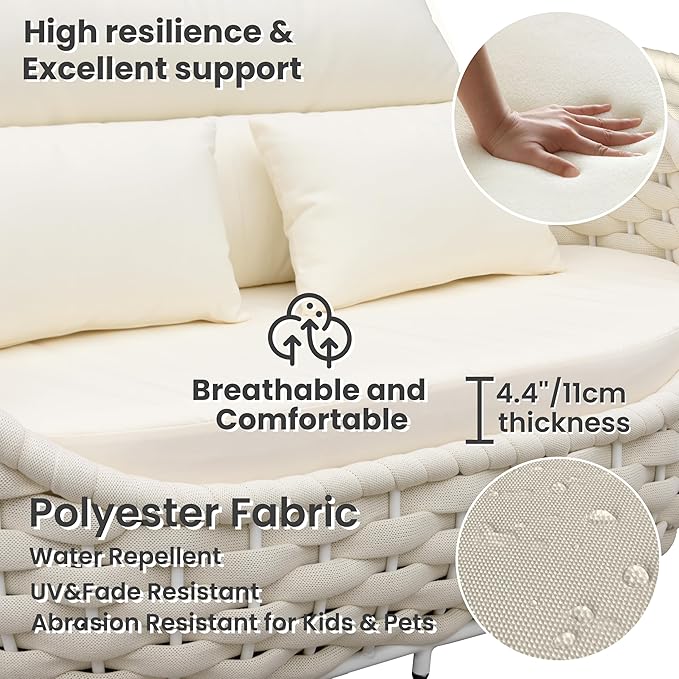 Woven Rope Outdoor Sofa Set: 4 Pieces Aluminum Patio Conversation Set Assembled - All Weather Cushioned Porch Furniture Couch - Modern Metal Lounge Set for Deck Yard Resort Hotel Sunroom, Beige