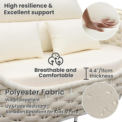 Woven Rope Outdoor Sofa Set: 4 Pieces Aluminum Patio Conversation Set Assembled - All Weather Cushioned Porch Furniture Couch - Modern Metal Lounge Set for Deck Yard Resort Hotel Sunroom, Beige