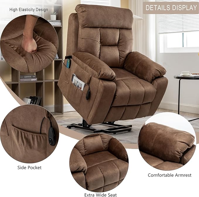 Power Lift Recliner Chair with Massage and Heating Functions,Velvet Sofa with 2 Remote Controls and Two Cup Holders,Recline up to 160 Degrees,Suitable for Living Room