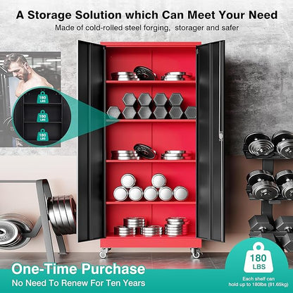 SISESOL 75" Tall Metal Storage Cabinet with Wheels,Rolling Garage Storage Cabinet with Lock,Red Metal Cabinets on Wheels,Locking Tool Cabinets on Wheel for Garage,Home,Office,Shop