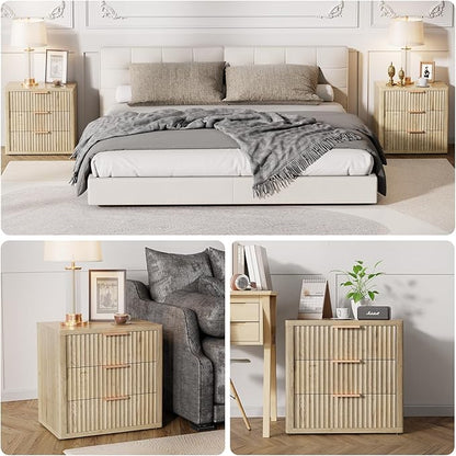 Night Stand with 3 Drawers, 23" Wide Modern Nightstand with Large Storage, Fluted Bed Side Table with Metal Handle, End Table Tall Nightstand for Bedroom, Living Room, Office, Nature