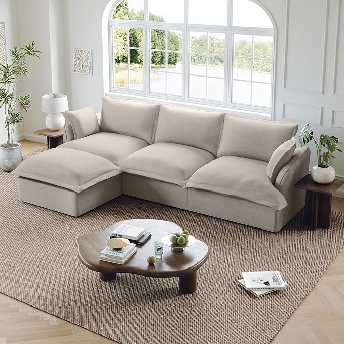 114” Oversized Modular Sectional Sofa, Comfy Down Fill Cloud Couch with Washable Cover, L Shaped 3 Seater Modular Couch with Ottoman, Convertible Sectional Couches for Living Room, Light Gray