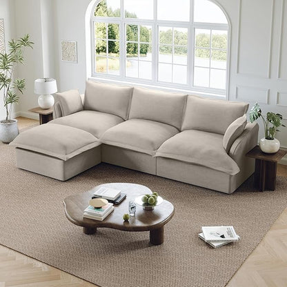 114” Oversized Modular Sectional Sofa, Comfy Down Fill Cloud Couch with Washable Cover, L Shaped 3 Seater Modular Couch with Ottoman, Convertible Sectional Couches for Living Room, Light Gray