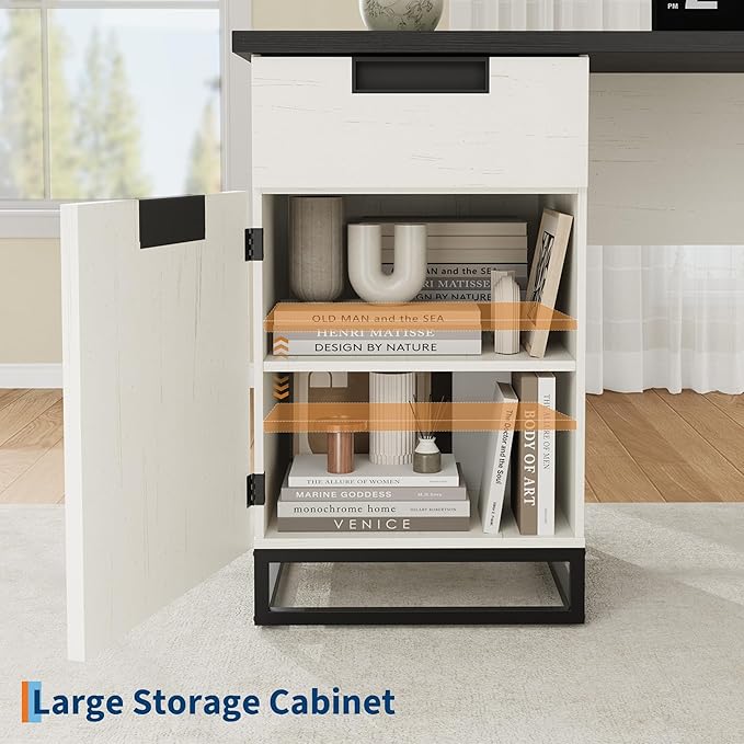 IDEALHOUSE Farmhouse Executive Desk, 59" Computer Desk, White Home Office Desks with File Drawer and Storage Cabinet, Wood Writing Desks for Home Office, Bedroom, White+Black