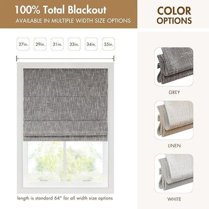 Madison Park Cordless Roman Shades, Total Blackout Window Blind Privacy Window Shades, Thermal Insulated Cordless Window Treatment for Bedroom, Living Room, Quincy, Single Panel 34" W X 64" H Grey