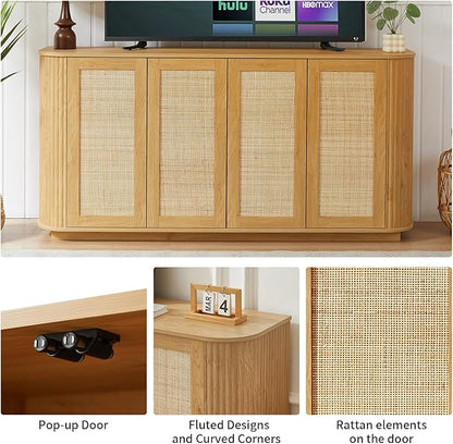 LKTART 64" Sideboard Buffet Cabinet with Storage, Wooden Fluted Storage Cabinet Sideboard with Adjustable Shelves Pressed Spring Rattan Doors for Kitchen Living Room (Natural)