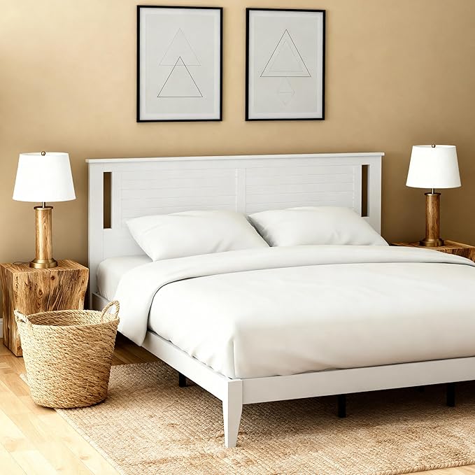 Serene Solid Wood Platform Bed with Horizontal Scoring Headboard, Farmhouse Coastal Modern Design, Easy Assembly, Ample Underbed Storage, Supports up to 1,000 lbs, King Size, White Finish