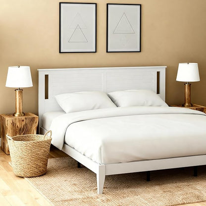 Serene Solid Wood Platform Bed with Horizontal Scoring Headboard, Farmhouse Coastal Modern Design, Easy Assembly, Ample Underbed Storage, Supports up to 1,000 lbs, King Size, White Finish