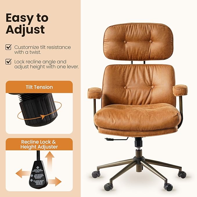 Home Office Desk Chair, Mid-Century Modern Office Chair with Adjustable Lumbar Support, Thickened Cushion Executive Desk Chair with 360 Rolling Swivel for Meeting Game Study Room(Light Brown)