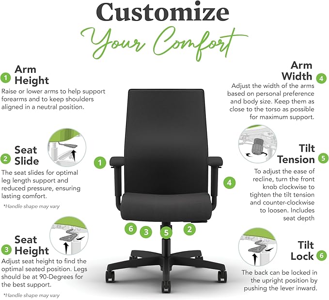 HON Ignition 2.0 Mid Back Task Chair, Spectrum Mesh, Standard Synchro-Tilt Control, Office Chair with Lumbar Support, Height and Width Adjustable Arms, Black Frame, Leaf